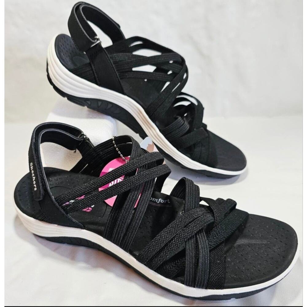 Skechers Reggae Cup Simply Biased Sandals Black Women's Size 8 #163506 NWT